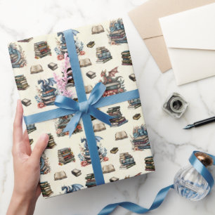 Papier Cadeau Dragons Magiques & Livres sur Fond Jaune Clair