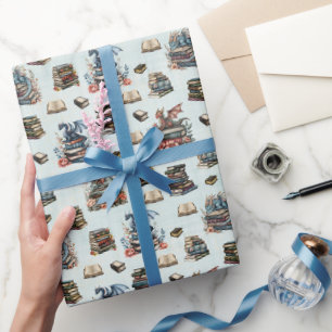Papier Cadeau Dragons Magiques & Livres sur Fond Vert Clair