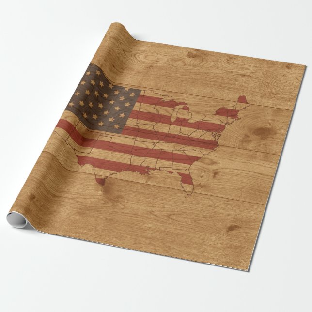 Papier Cadeau Drapeau américain Forme sur bois rustique Patrioti (Déroulé)
