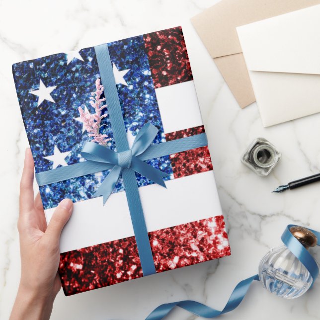 Papier Cadeau Drapeau américain rouge et bleu parties scintillan (Cadeaux)