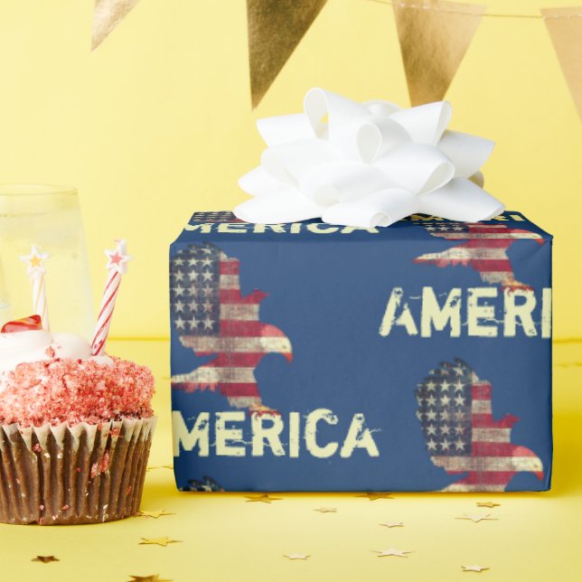 Papier Cadeau Drapeau et aigle à tête blanche avec texte américa (Fête d'anniversaire)