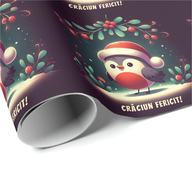 Papier Cadeau Drapeau roumain de Cute Père Noël Robins (Coin rond)