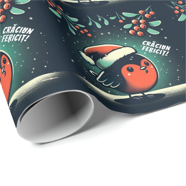 Papier Cadeau Drapeau roumain de Cute Père Noël Robins (Coin rond)