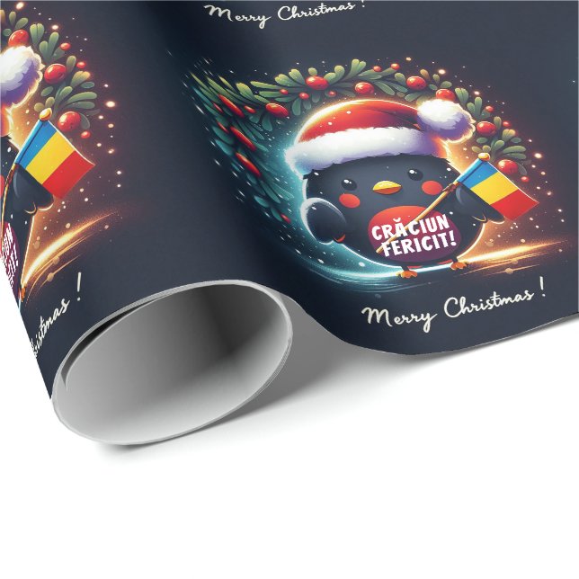 Papier Cadeau Drapeau roumain de Cute Père Noël Robins (Coin rond)
