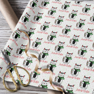 Papier Cadeau Drôle Cartoon de chat de Noël Enfant personnalisé