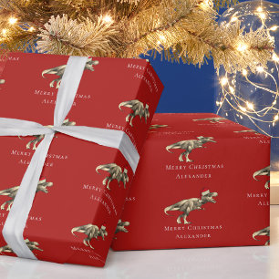 Papier Cadeau Drôle de dinosaure de Noël personnalisé rouge
