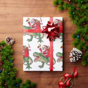 Papier Cadeau Drôle Joyeux Dinosaure de Noël Père Noël