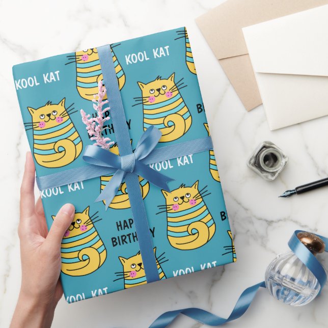 Papier Cadeau Drôle Kool Kat Cartoon Bleu Anniversaire (Cadeaux)
