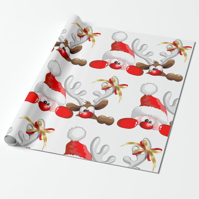 Papier Cadeau Drôle Père Noël et Reindeer Cartoon (Déroulé)