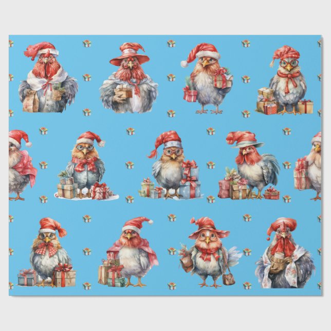 Papier Cadeau Drôle Poulet Noël Vacances Acheteurs Bleu (Plat)