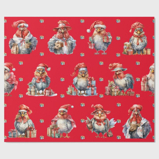 Papier Cadeau Drôle Poulet Noël Vacances Magasins Rouge (Plat)
