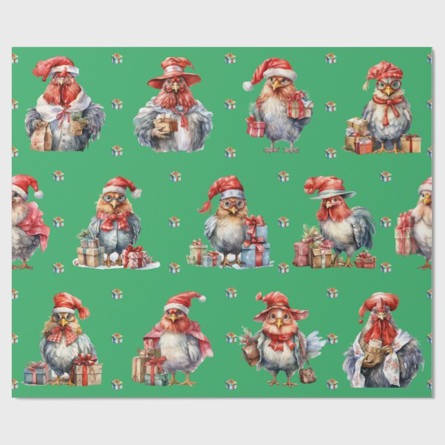 Papier Cadeau Drôle Poulet Noël Vacances Shoppers Vert (Plat)