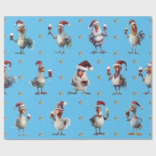 Papier Cadeau Drôle Poulet Noël Vacances Vins Fête Bleu