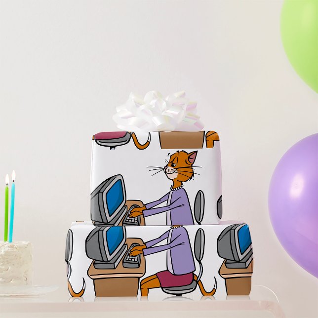 Papier Cadeau Drôle Secrétaire Cat Cartoon Office Humour (Créateur téléchargé)