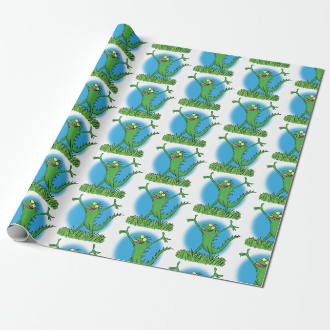 Papier Cadeau Drôle vert souriant animé lézard d'iguane (Déroulé)