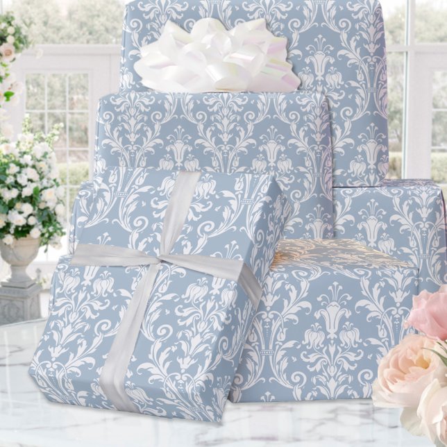 Papier Cadeau Dusty Bleu Blanc Damas Mariage élégant (Créateur téléchargé)