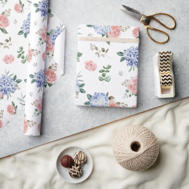 Papier Cadeau Dusty Blue Pastel Pink hydrangeas Mariage (Artisanat)