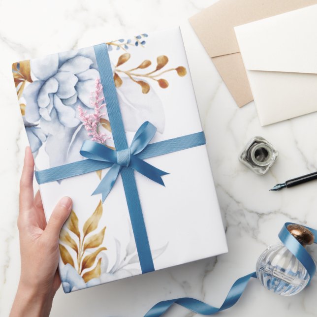Papier Cadeau Dusty Blue White Gold Floral Mariage (Cadeaux)