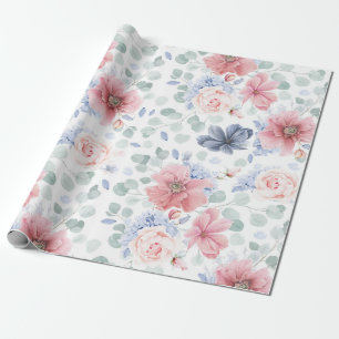Papier Cadeau Dusty Rose Dusty Blue Floral motif élégant