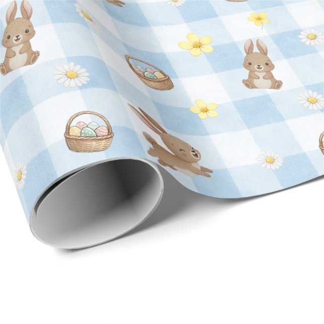 Papier Cadeau Easter Bunny Blue Gingham Wrapping Paper (Coin rond)