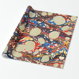 PAPIER CADEAU EAUX ABSTRAITES ROUGES BLEU MARBLÉES, CERCLES BLAN