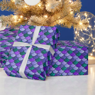 Papier Cadeau Écaille de sirène pailletée ombrée violette et sar