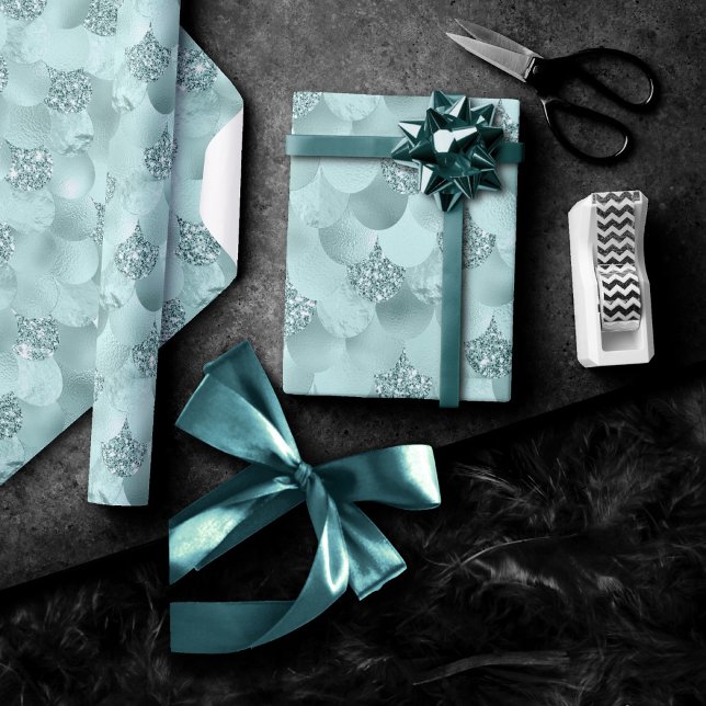 Papier Cadeau Échelle Mermaid Luxe | Monnaie de mer vert Aqua Sh (Créateur téléchargé)