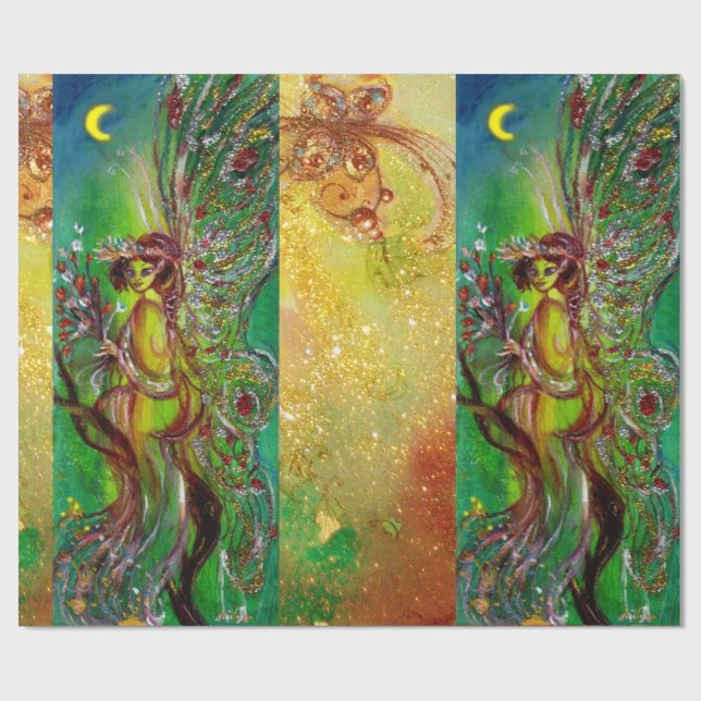 PAPIER CADEAU ÉCRAN DE NOËL VERT, ÉPARGNES D'OR, ÉPICEAUX FLORAU (Plat)