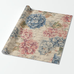 Papier Cadeau Écriture éphémère bleu antique et rose Hydrangea