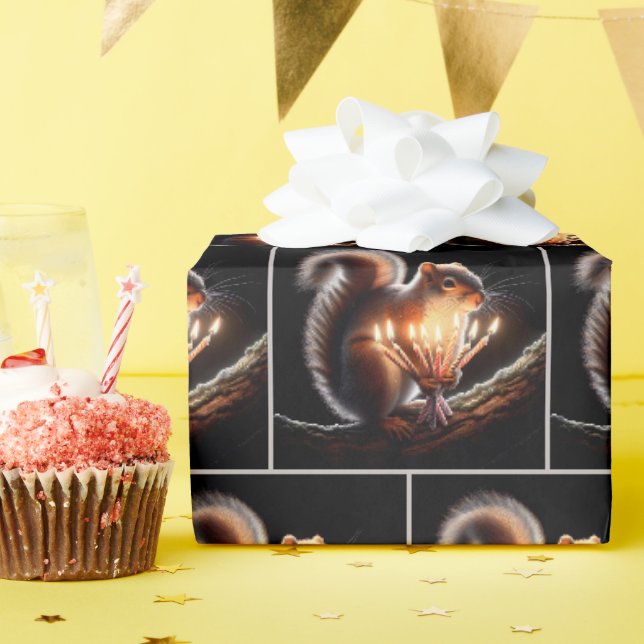 Papier Cadeau Écureuil avec bougies d'anniversaire (Fête d'anniversaire)