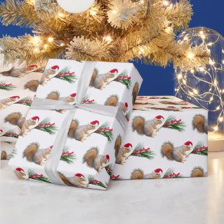 Papier Cadeau Écureuil de Noël avec décoration de sapin