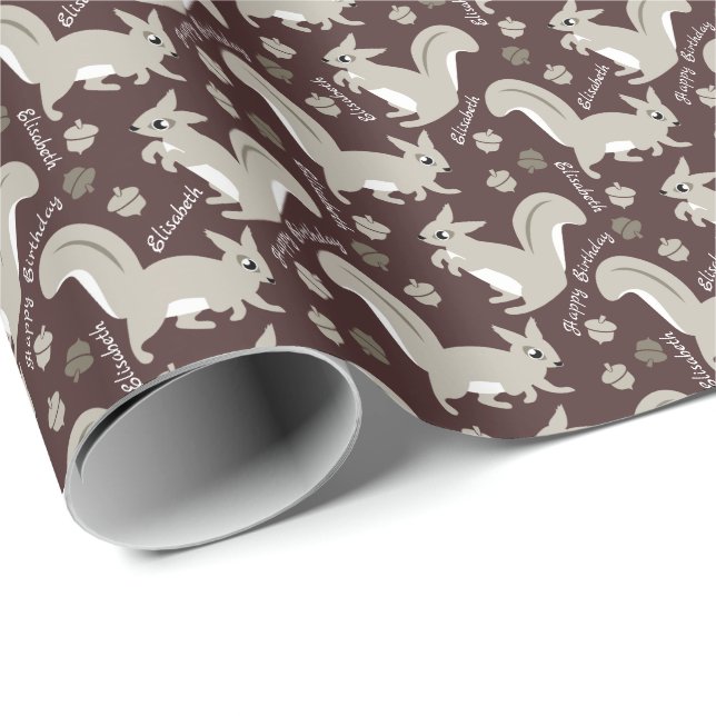 Papier Cadeau Écureuils gris Nom personnalisé Garçon ou fille An (Coin rond)