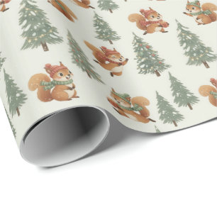 Papier Cadeau Écureuils joueurs dans la forêt hivernale de Noël