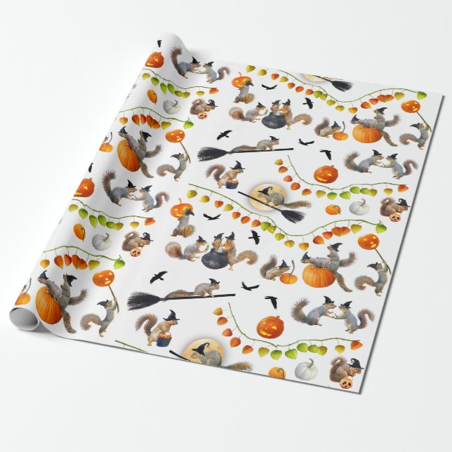 Papier Cadeau Écureuils sorciers d'Halloween enveloppant du papi (Déroulé)