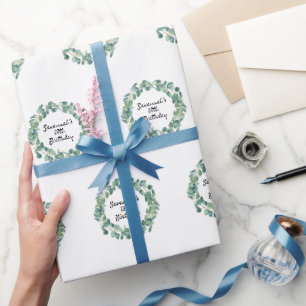 Papier Cadeau Eeucalyptus vert d'anniversaire écriture du nom de