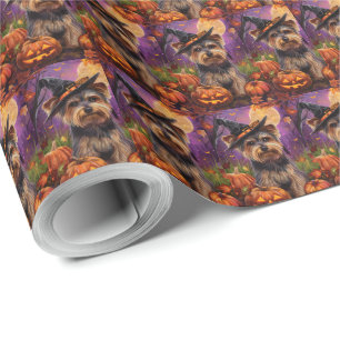 Papier Cadeau Éffrayant Biewer Terrier Halloween Witch Et Citrou