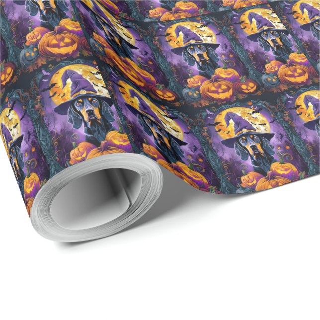 Papier Cadeau Éffrayant Bluetick Coonhound Citrouille de sorcièr (Coin rond)