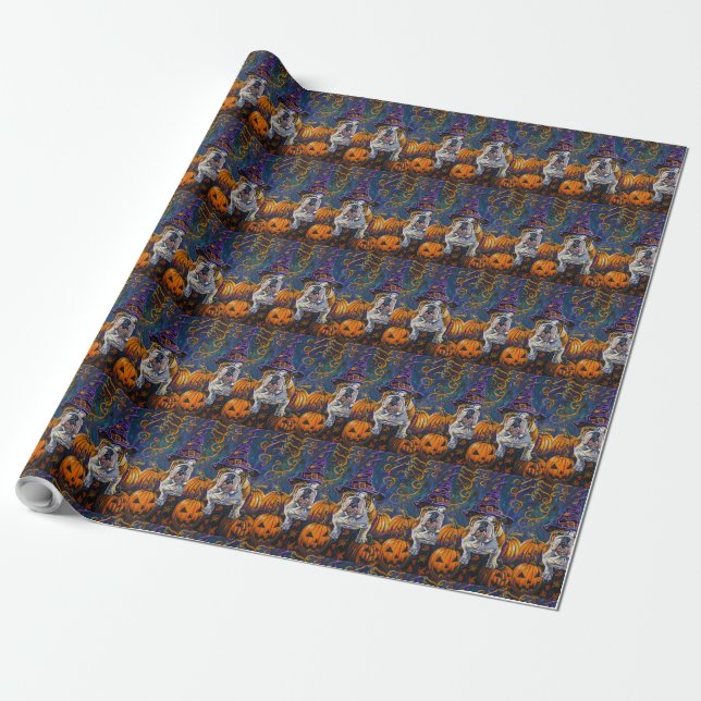 Papier Cadeau Éffrayant Bulldog Halloween sorcière et Citrouille (Déroulé)