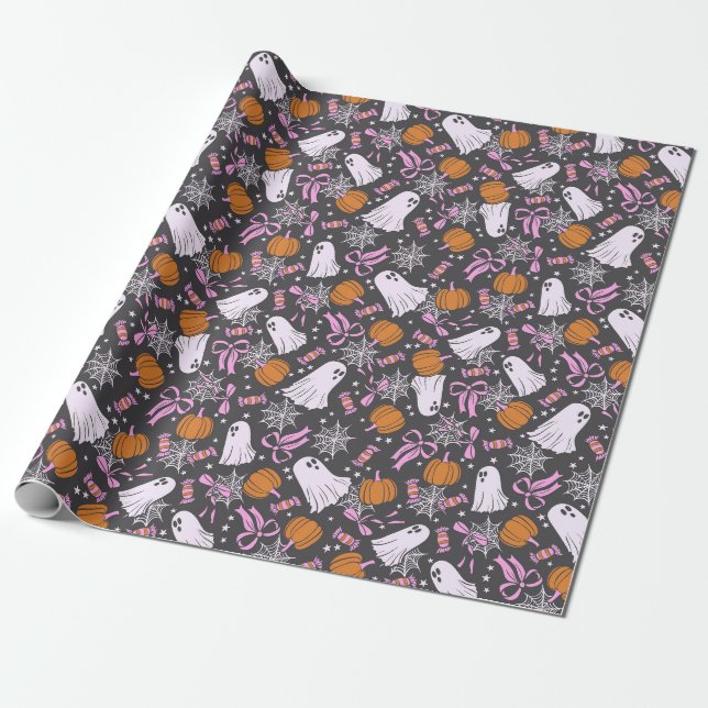Papier Cadeau Éffrayant Chic Fantômes Coquette Vaches Roses Hall (Déroulé)
