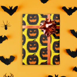Papier Cadeau Éffrayant Citrouille noir Jaune Motif d'Halloween