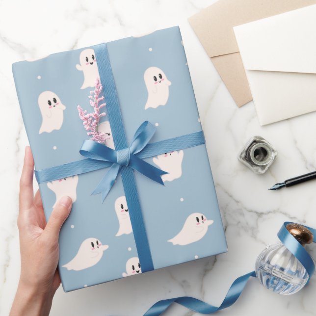 Papier Cadeau Éffrayant Cute Ghosts Blue Halloween (Cadeaux)