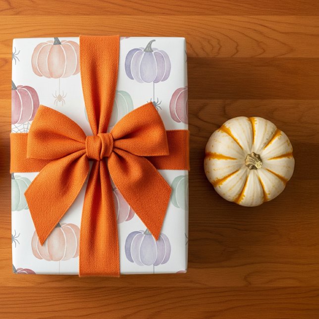 Papier Cadeau Éffrayant Cute Pastel Citrouille et Spider Hallowe (gift wrapping with an orange bow
)