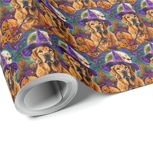 Papier Cadeau Éffrayant Golden Retriever Halloween sorcier Citro (Coin rond)