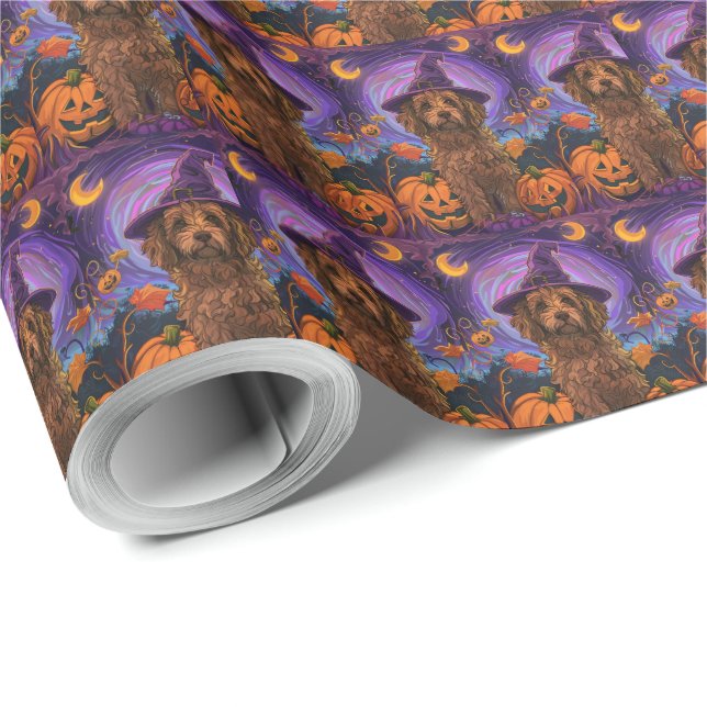 Papier Cadeau Éffrayant Goldendoodle Chien Halloween Citrouille  (Coin rond)