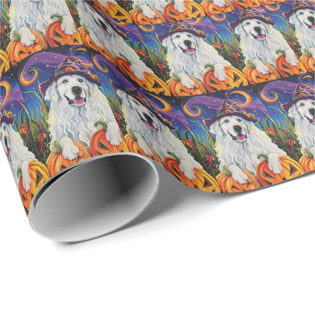 Papier Cadeau Éffrayant Grand Pyrénées Chien Halloween Citrouill (Coin rond)