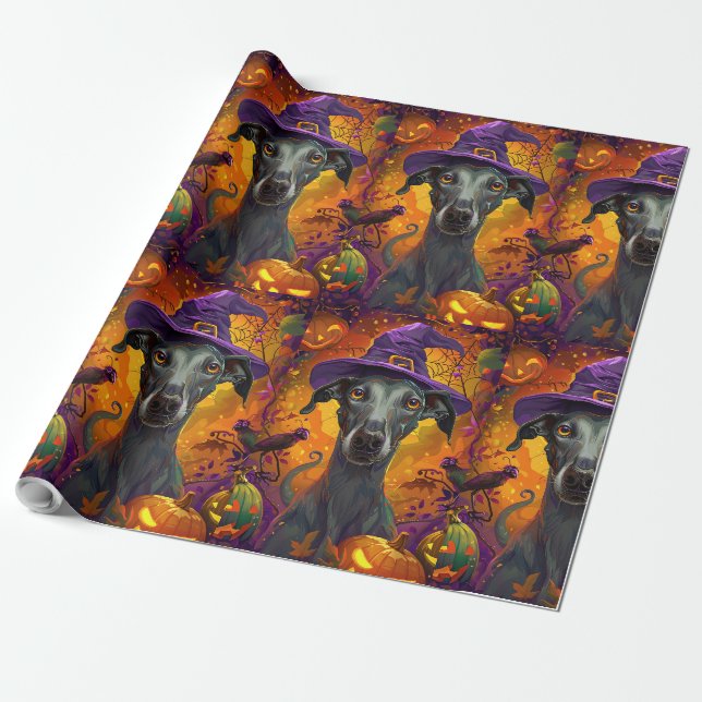 Papier Cadeau Éffrayant Greyhound Chien Halloween sorcière et Ci (Déroulé)