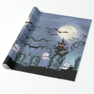 Papier Cadeau Éffrayant Halloween Graveyard Avec Chouette Dans U