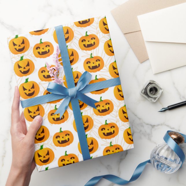 Papier Cadeau Éffrayant Halloween Jack-o'-lantern White Orange (Cadeaux)