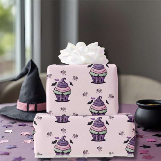 Papier Cadeau Éffrayant mignon Cupcake & Lollipops chauves-souri (Spooky cute Cupcake & Lollipops bats pink pattern Wrapping Paper)