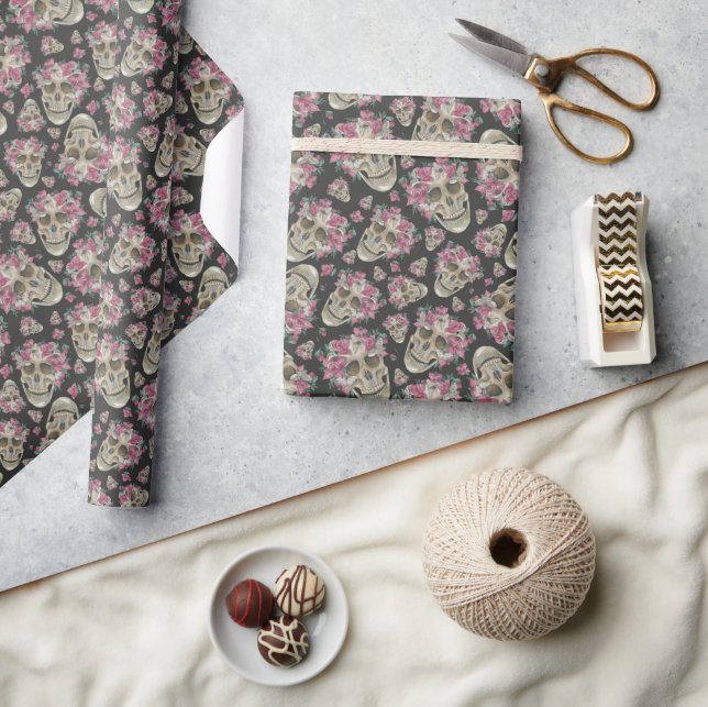 Papier Cadeau Éffrayant Orchidée rose Motif crâne floral (Artisanat)